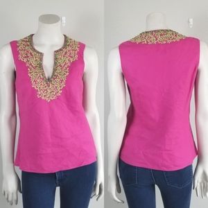 Lafayette 148 Pink and Green Sequin Embroidered Linen Tunic Tank Top Size 4